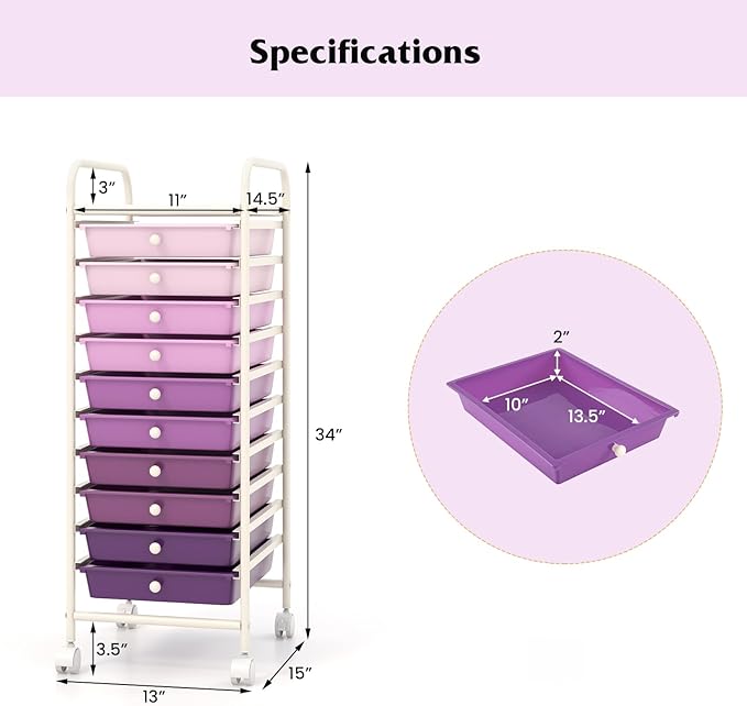 Giantex 10-Drawer Storage Cart w/Universal Wheel, Rolling Cart w/Handle, Home Organizer Storage Unit w/Removable Drawers, Trolley Utility Cart for Kitchen Makeup Living Room Office Play Room