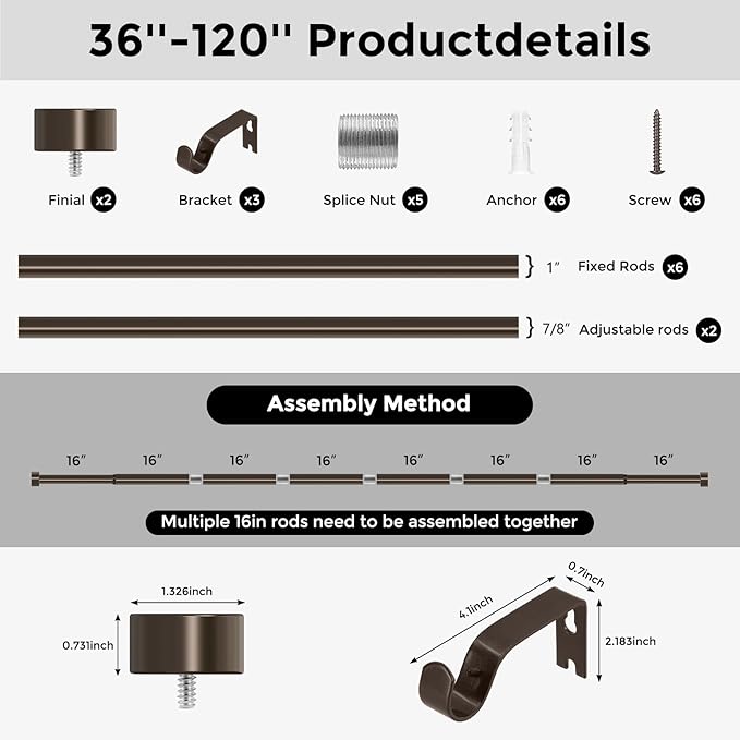 Bronze Curtain Rods for Windows 66 to 120 Inch(5.5-10 Feet),1" Diameter Drapery Rods with Modern Style End Cap Finials,Size:36-120 Inch,Antique Bronze-NeatNest