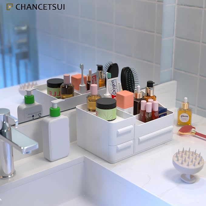 CHANCETSUI Makeup Organizer With Drawers, Makeup Desk Organizer, Bathroom Countertop Organizer for Cosmetics, Vanity Holder for Lipstick, Makeup Brush Holder/Organizer (White)