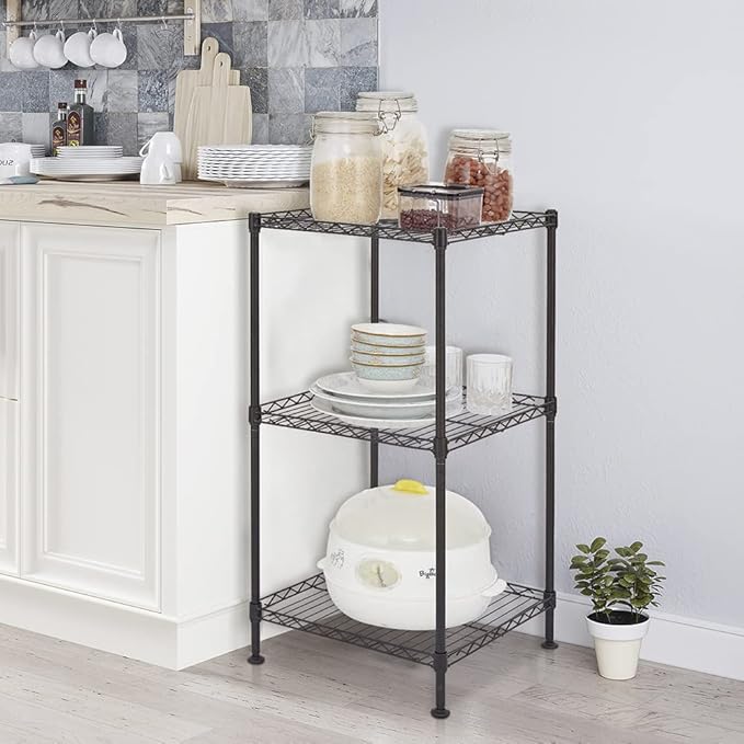 3-Tier Adjustable Metal Storage Rack Wire Shelving Unit for Pantry, Closet, Kitchen, Laundry, Bathroom (Black, 2-3-Tier)