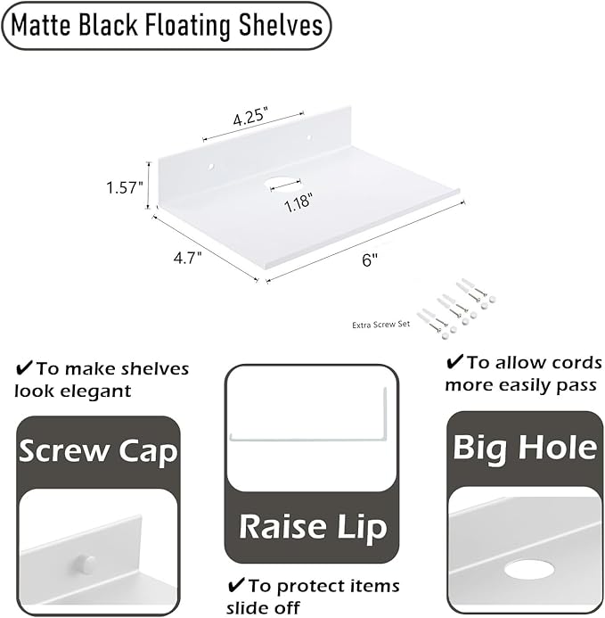 Small Floating Shelves, Adhesive Bluetooth Speaker Shelf, Renter Friendly Floating Corner Shelves with Cable Clip, Wall Mounted, Display Shelf for Smart Speaker, White, Aluminum, 6 inch, 2 Pack-NeatNest