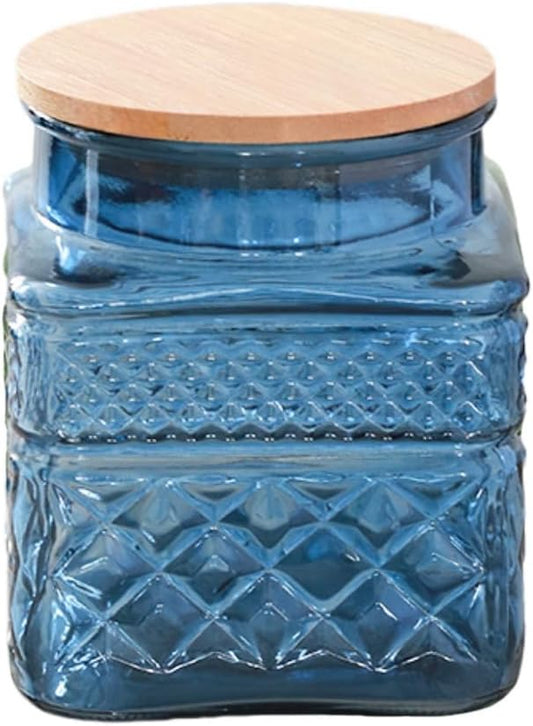 ANSQU 37oz Square Glass Jar, Candy Jar with Lid, Glass Food Storage Containers for Ground Coffee, Tea, Sugar, Decorative Mason Jar Cute Jars (Blue)