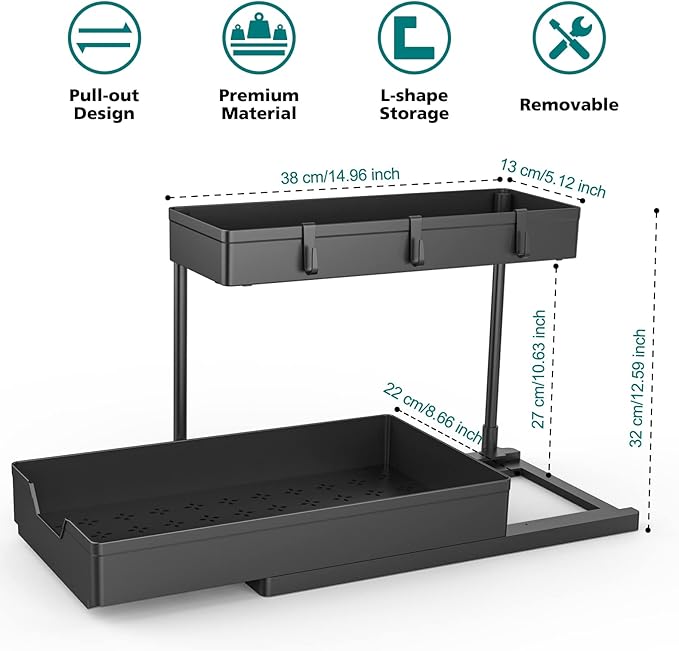 2-Tier Under Sink Organizers 2 Pack Sliding L-shape Cabinet Organizers Narrow Space Storage Shelves Multi-purpose Sink Organizer Baskets with 4 Hook for Kitchen Bathroom Drawer, Black-NeatNest