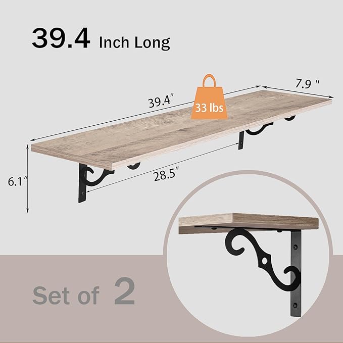 DINZI LVJ Long Wall Shelves, 39.4 Inch Large Floating Shelves Set of 2, Wide Display Shelf Wall Mounted with Brackets, Easy Hanging for Living Room, Toilet, Office, Bedroom, Greige-NeatNest