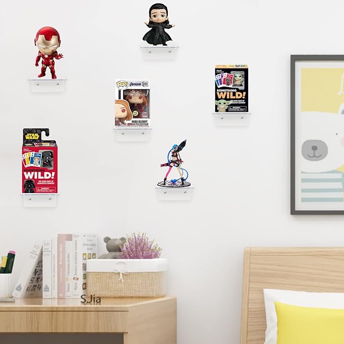 10 Pack Acrylic Floating Shelves for Wall, Wall Mounted Small Hanging Display Shelves for Plants, Funko Pop Figures, Adhesive Shelf for Bedroom, Picture Toy Clear Display Shelf