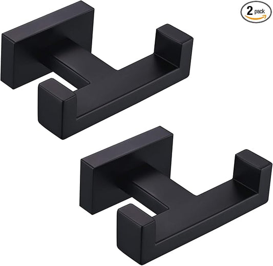 Angle Simple Bathroom Towel Hooks, Stainless Steel Shower Double Robe Coat Hooks for Wall, Matte Black, 2 Pack