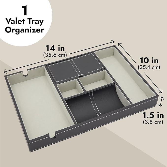 Juvale Leather Valet Catchall Tray for Men with 6 Compartments - Bedside Nightstand Organizer for Phones (Black) - Valet Tray-NeatNest