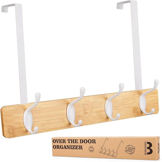 Badiano Over The Door Hook Hanger, Bamboo Coat Rack with 4 Metal Hooks, Wood Clothes Organizer for Coat, Towels, Bags, Robes (Natural)