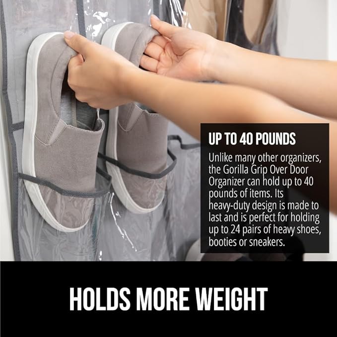 GORILLA GRIP Over the Door Shoe Organizer, 24 Large Breathable PVC Pockets, Space Saving Hanging Storage Holder, Closet Rack Hanger Holds Up to 40 lbs, Hangs on Closets for Shoes 2 Pack, Gray-NeatNest