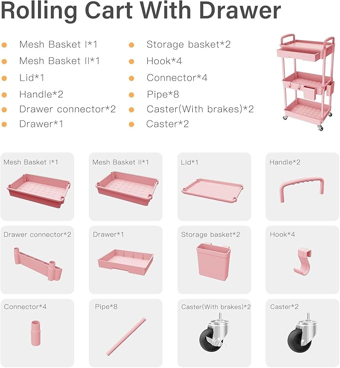 3 Tier Rolling Cart Organizer,Laundry Room Bathroom Organizers and Storage Office Shelves Mobile Shelving Unit Kitchen Trolley Cart with Wheels for Art,Craft,Diaper,Bedside,Snack(Pink)-NeatNest