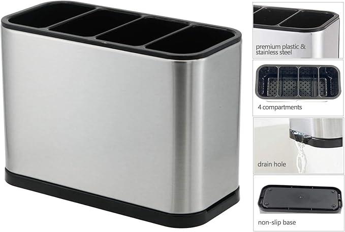 KESOL Kitchen Utensil Holder, Stainless Steel Utensil Drying Rack Flatware Holder Sinkware Caddy Countertop Organizer with 4 Divided Compartments, Rust Proof-NeatNest