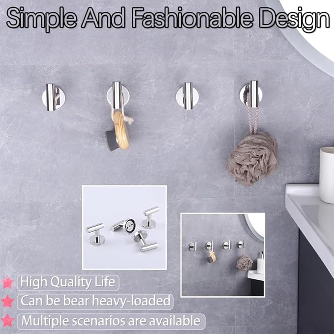GERZWY Bathroom Towel Hook SUS 304 Stainless Steel Coat/Robe Clothes Hook for Bath Kitchen Modern Hotel Style Wall Mounted 4 Pack Polished Finish AG1307B-JG