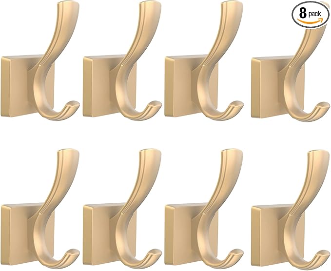 Gold Towel Hooks for Wall, Heavy Duty Thick Metal Bathroom Coat Hooks for Hanging Key Robe Hat Backpack, Wall Mount Hooks Bath Kitchen Garage Hooks(8 Pack, Gold)