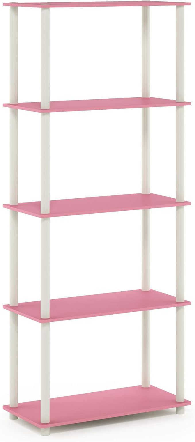 Furinno Turn-N-Tube Multipurpose Shelf / Display Rack / Storage Shelf / Bookshelf, 5-Tier Round Tube, Pink/White-NeatNest