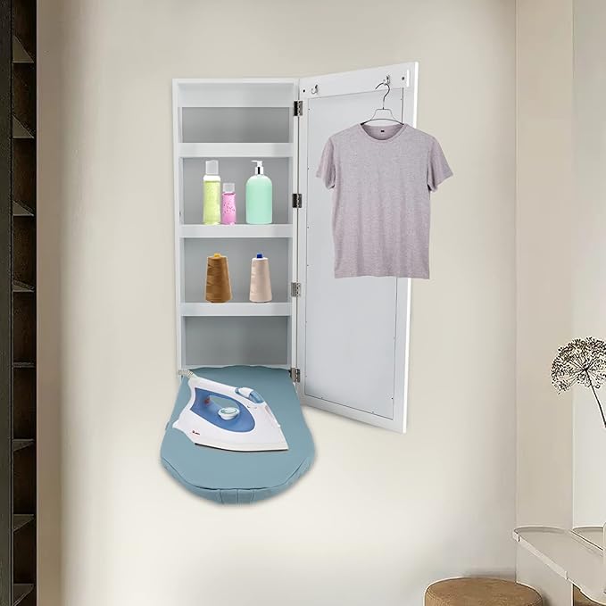 Ironing Board Cabinet Wall Mounted, Cabinet with Built-in Ironing Board, Foldable Ironing Storage Station with Mirror for Home, Apartment & Small Spaces, Easy-Release Lever