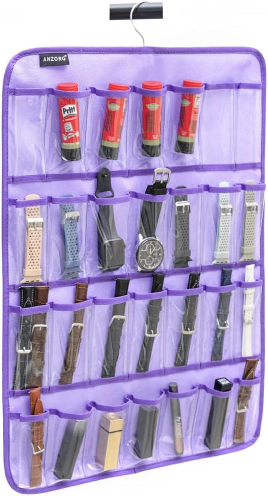 Hanging Watch Band Organizer Watch Bands Straps Accessories Holder Watches Storage Display Case with 28 Clear Pockets (PURPLE)-NeatNest