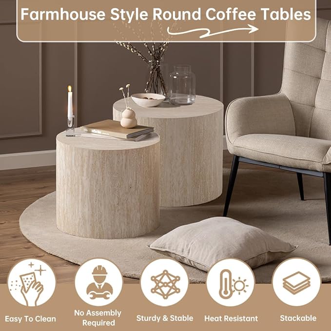 Round Nesting Coffee Table Set of 2 Modern Small Round Coffee Table Travertine Side Table Small End Table Circular Coffee Tables Circle Nested Coffee Tables for Living Room (Travertine)