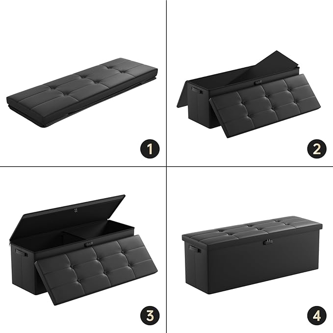 DocSafe Storage Ottoman Bench,Fireproof＆Waterproof Folding Bench with Lock(15”x 43”x15”),Leather Storage Chest with Handles＆2 Extra Boxes,Ottoman Safe for Bedroom,Living Room,Home Office,Black-NeatNest