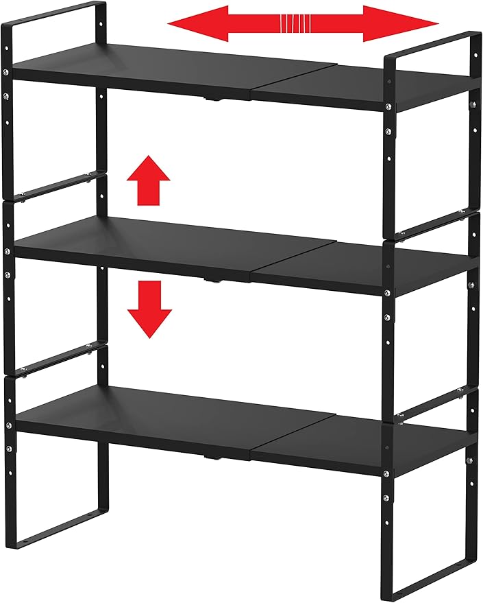 Expandable Stackable Spice Rack Cabinet Shelf Organizer in Cabinets Shelves Kitchen Cupboard Organization Stack up Racks Pantry Countertop Storage Large/Black 3 Packs