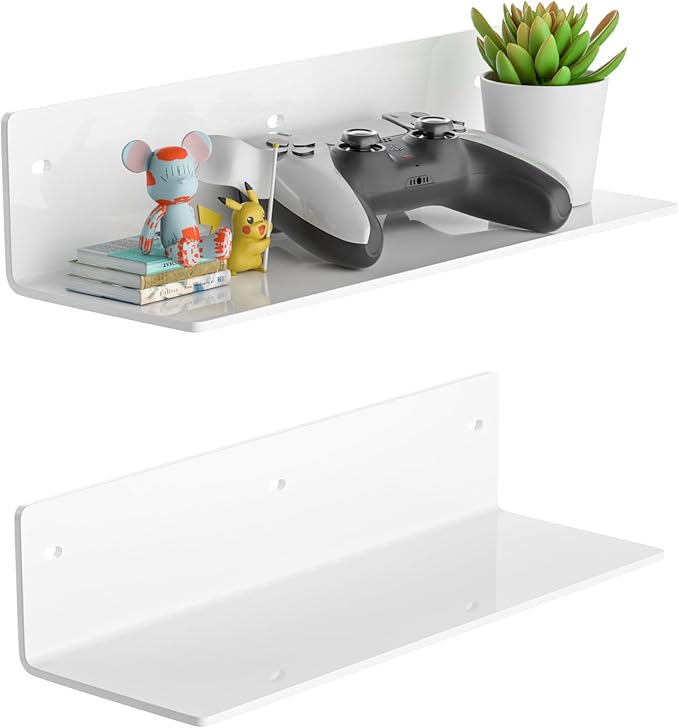 12 Inches White Acrylic Wall Shelves Set of 2, Wall Mounted Shelves for Plants, Speaker, Camera, Toiletries, Spice Jars, Coffee, Candles, Shoes, 2 Pack-NeatNest