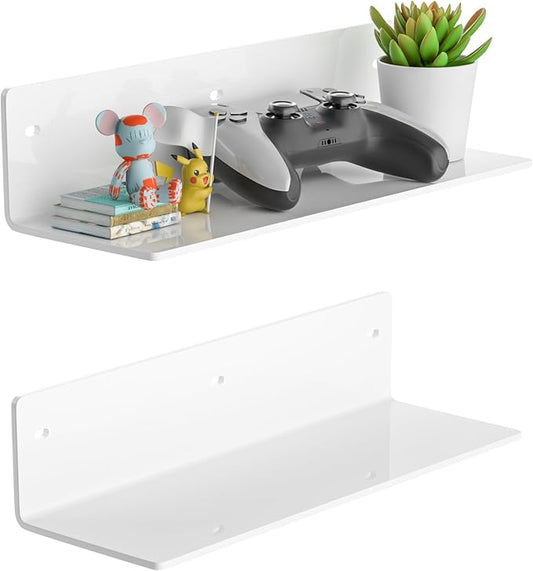 12 Inches White Acrylic Wall Shelves Set of 2, Wall Mounted Shelves for Plants, Speaker, Camera, Toiletries, Spice Jars, Coffee, Candles, Shoes, 2 Pack-NeatNest