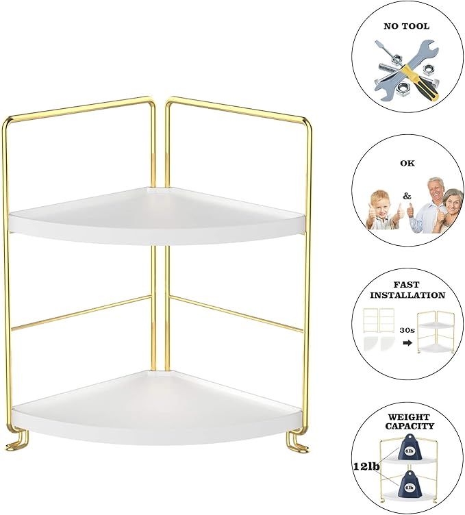 2-Tier Kitchen Spice Rack-Corner Bathroom Shelf- Triangle Standing Storage Rack for Bathroom, Living Room, Bedroom, Kitchen (Golden)-NeatNest