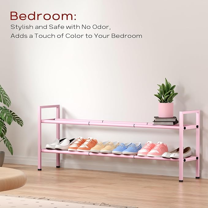 Bumusty 2-Tier Long Expandable Shoe Rack for Closet, 18"-44" Adjustable Shoe Rack for Entryway, 10-12 Pairs Large Shoe Organizer Shelf Storage, Sturdy Metal, Pink-NeatNest