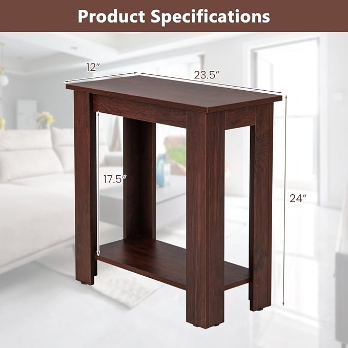 GOFLAME 24” Side Table, 2-Tier Rectangular End Table with Storage Shelf, Multipurpose Night Stand for Bedroom, Living Room, Brown
