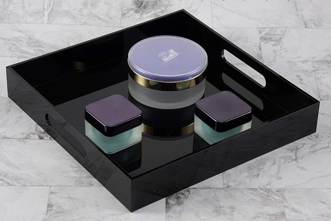 Glossy Black Sturdy Acrylic Serving Tray with Handles - 12x12 Inch Multipurpose Tray for Coffee, Appetizers, Breakfast, and More-NeatNest