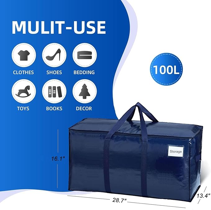 Extra Heavy Duty Large Moving Bags with Strong Zipper & Comfortable Handles, Sturdy & Durable Clothes Storage Bags Totes Bins, Dark Blue Packing Moving Boxes (1-pack)