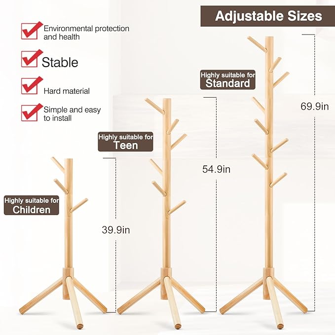 2 PCS Coat Rack, Freestanding Coat Rack with 8 Hooks and 3 Adjustable Size Tree Coat Racks for Bedroom, Hallway, Entrance, Office, for Hats, Coats, Scarves, Handbags-NeatNest