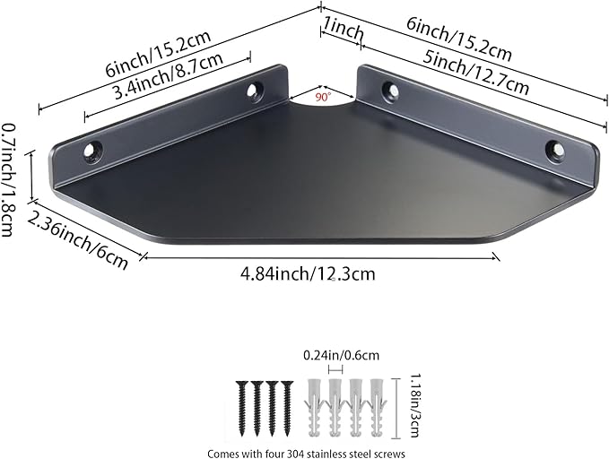 6 Inch Corner Shelf Wall Mounted, Black Corner Floating Shelf for Bathroom, Kitchen, Living Room – Aluminum Alloy Organizer for TV Accessories, Speakers, Cable Box, Game Console-NeatNest