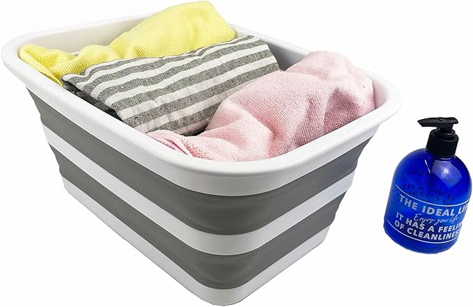 SAMMART 12L (3.17Gallon) Collapsible Tub - Portable Outdoor Picnic Tray - Portable Washing Basin - Space Saving Plastic Washtub (White/Grey)