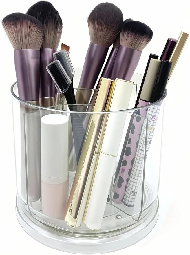 Makeup Brush Holder 360 Rotating Makeup Brushes Organizer for Vanity, 5 Slots Makeup Organizers & Storage, Multi-Functional Pencil Pen Holder for Desk, Cosmetic Storage Container Cup (Clear)-NeatNest