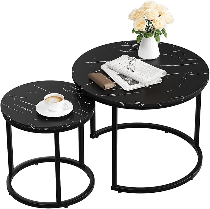 Smuxee Black Nesting Coffee Table Set of 2, 23.6" Round Coffee Table Wood Grain Top with Adjustable Non-Slip Feet, Industrial End Table Side Tables for Living Room Bedroom Balcony Yard