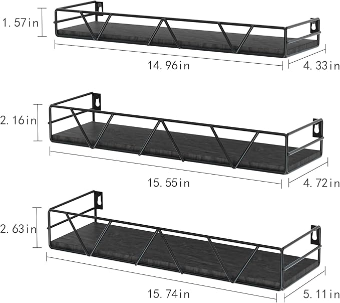 Floating Shelves Set of 3, Home Wood Wall Shelf, Farmhouse Shelf for Bedroom, Wall Mounted Floating Shelf for Living Room, Bedroom, Bathroom, Kitchen, Office (Black 2)-NeatNest