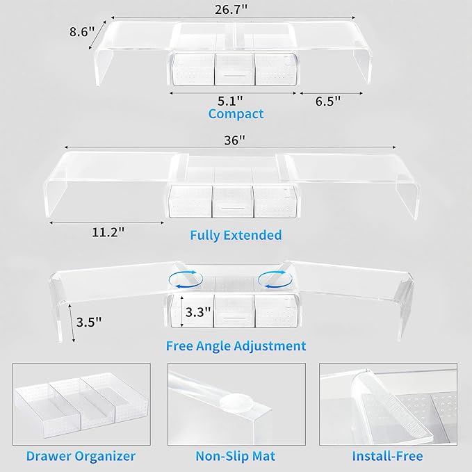 Clear Acrylic Desk Organizers and Accessories, Dual Computer Monitor Stand Riser with Drawer, Desk Shelf for Monitor, Workspace Desktop Organization for Office Supplies