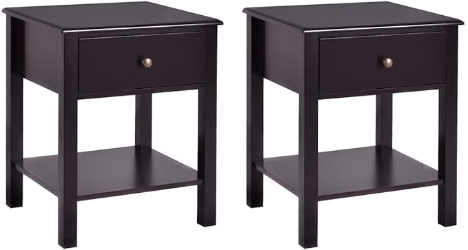 Giantex Nightstand Set of 2, 2-Tier End Table with Drawer and Open Storage Shelf, Modern Bedside Tables, Wooden Side Table Night Stand for Bedroom, Dorm, Small Spaces, Easy Assembly, Espresso