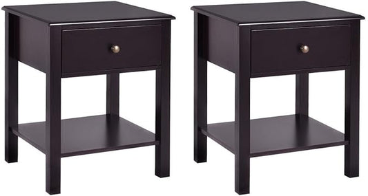 Giantex Nightstand Set of 2, 2-Tier End Table with Drawer and Open Storage Shelf, Modern Bedside Tables, Wooden Side Table Night Stand for Bedroom, Dorm, Small Spaces, Easy Assembly, Espresso
