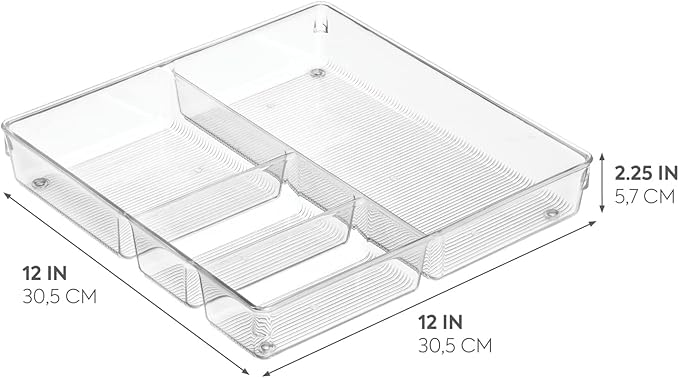 iDesign Linus Kitchen Drawer Organizer for Silverware, Spatulas, Gadgets - 12" x 12" x 2", Clear-NeatNest