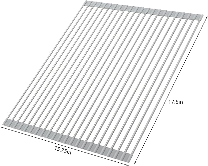Ahyuan Large Roll up Dish Drying Rack Silicone Foldable Dish Rack Over Sink Dish Drainer Roll-up Sink Drying Rack Full Silicone Coated Stainless Still Dish Drying Rack (Warm Grey, 17.5''X15.75'')