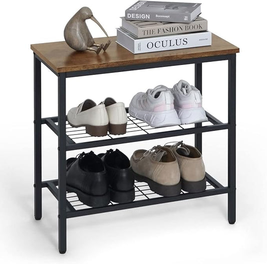 CAPHAUS 3-Tier Shoe Rack for Entryway, Mudroom Shoe Bench, Small Shoe Rack, Metal Shoe Shelf with Wood Board, Industrial Shoe Storage Table for Hallway, Living Room, Bedroom, Closet, Rustic Oak-NeatNest