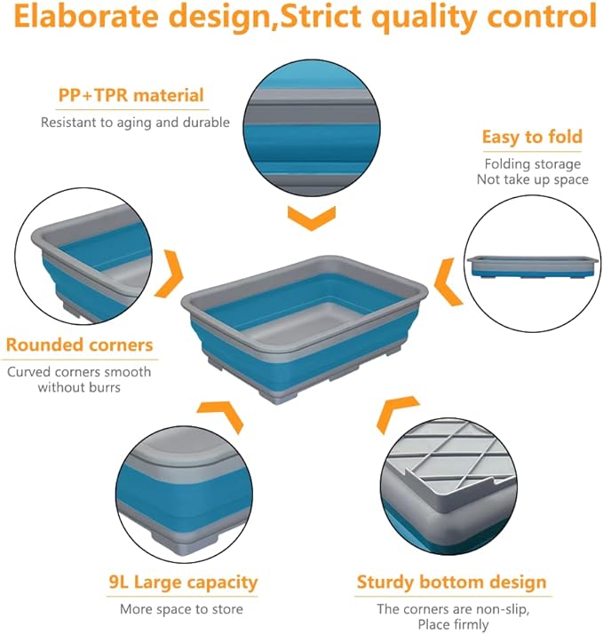 Collapsible Dish Pans – 10L (2.6 Gal) Foldable Sink Tub, 14.5'' x 10.5'' x 5", Compact and Space-Saving Multiuse Foldable Basin for Dish Washing, Camping, RV and Vegetable Cleaning-NeatNest