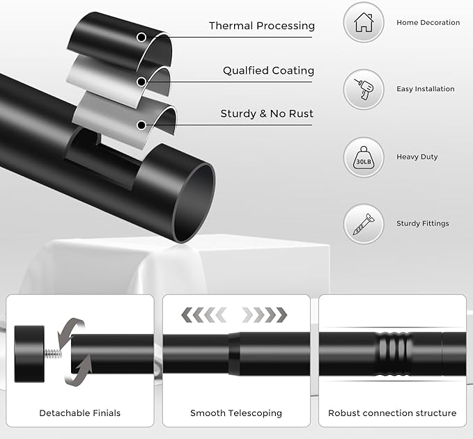 2 Pack Curtain Rods for Windows 28 to 48 Inch(1.5-5 Feet),Black 1'' Diameter Drapery Rods with End Cap Style Design,Modern Adjustable Heavy Duty Curtain Rod,Size:30''-60''