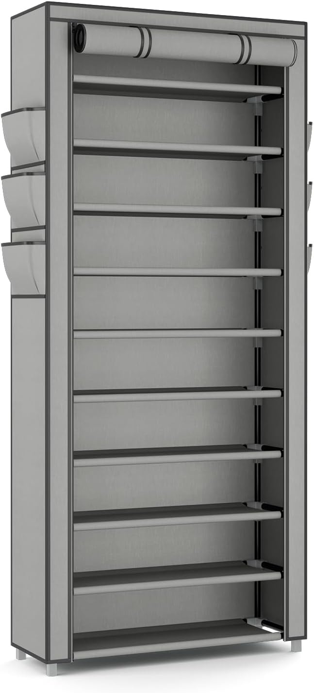 VTRIN Vertical Narrow Shoe Rack Organizer Tall Shoe Rack for Closet Entryway 10 Tier Non-Woven Cover Shoe Shelf Holds 36-41 Pairs Free Standing Shoe Storage Cabinet with Dustproof Cover, Grey-NeatNest