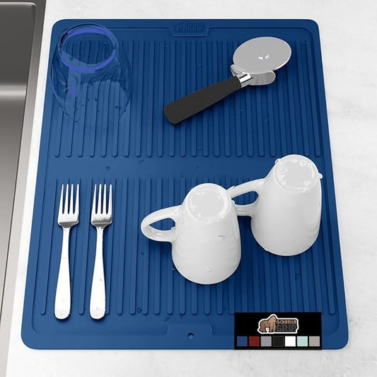 GORILLA GRIP 100% BPA-Free Patented Silicone Dish Drying Mat for Kitchen Counter, 18x16 Inch, Water Catching Ribbed Design, Easy Clean Waterproof Sink Liner, Heat Resistant, Fits Under Rack, Blue