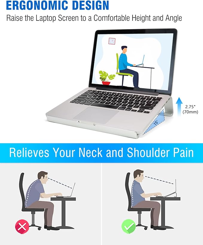 Enhanced Stability Laptop Stand for Desk, Ergonomic Aluminum Laptop Riser, Computer Stand for Laptop, Compatible with 12 13.3 14.2 15.3 16.2 Inches MacBook Pro Air/Dell/HP (Silver)