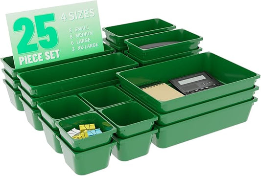 25 pc Plastic Drawer Organizer Set,4 Size Small Storage Containers for Organizing Jewelry,Utensil,Junk,Tea,Makeup,Shallow Drawer Organizers Tray Suitable for Office,Desk,Bathroom,Vanity,Kitchen,Green-NeatNest