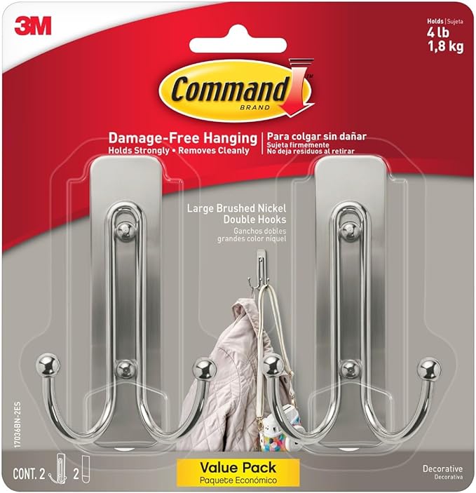 Command Large Brushed Nickel Double Hooks, 2 Hooks and 2 Command Strips, Damage-Free Hanging Wall Hooks with Adhesive Strips, No Tools Coat Hooks for Hanging Home Decor, Holds up to 4 lb-NeatNest