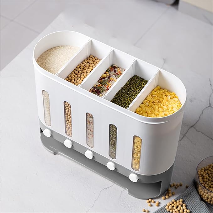 5 Grid Grain Dispenser Rice Dispenser Countertop Multi Cereal Dispenser Wall Mounted Dry Food Dispenser Rice Bucket Grains Storage Container for Rice, Beans, Grains,Dry Food-NeatNest
